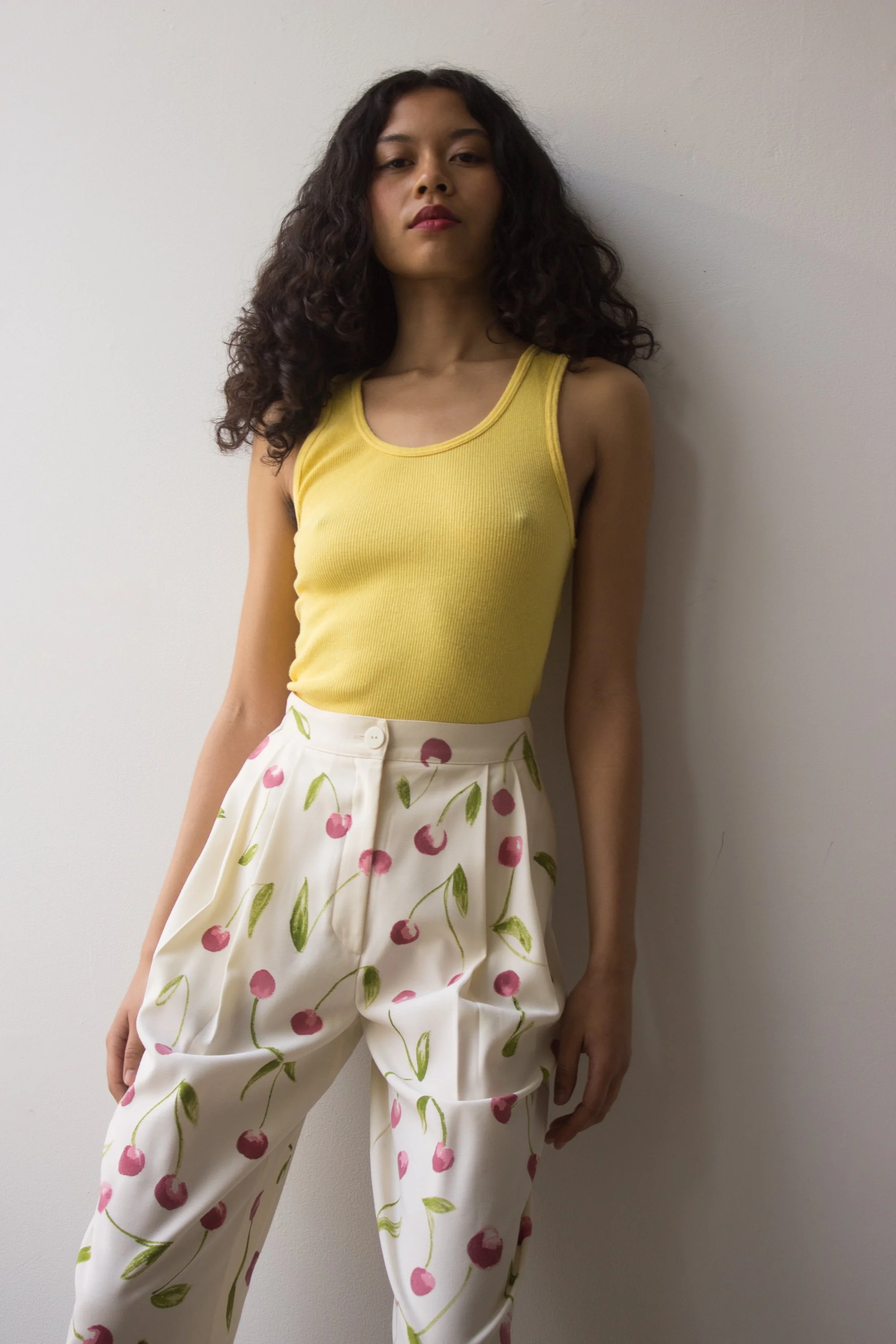 Hand-Painted Cherry Motif 80s Genny Perfect Creme Trousers
